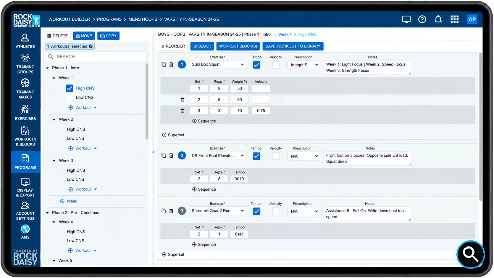 RockDaisy workout builder UI on a tablet, showing left navigation and a multi-exercise plan editor in the center with notes and sets