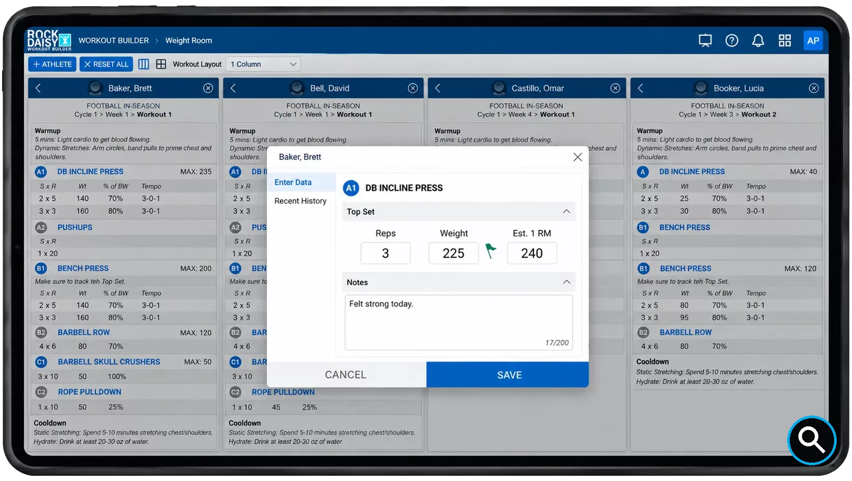 Tablet screen showing a workout builder app with a data-entry modal: Reps 3, Weight 225, Est. 1 RM 240, and a Notes field.
