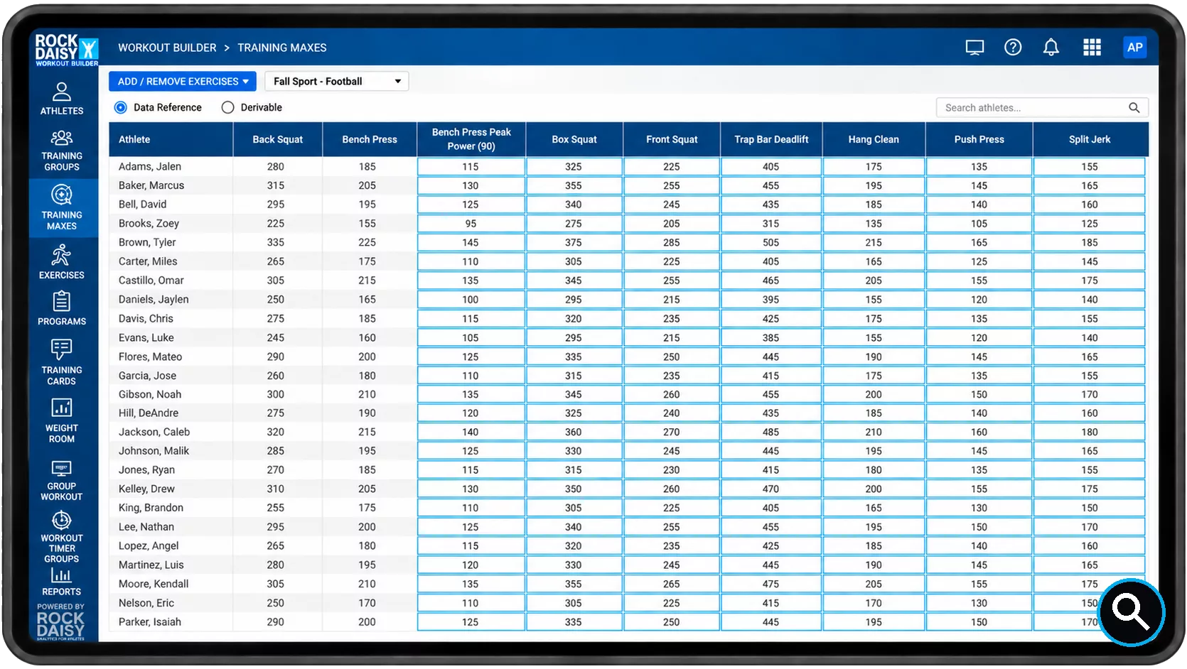Tablet screen showing a workout builder app with a long athlete data table of exercise names and weights (Back Squat, Bench Press, etc.).