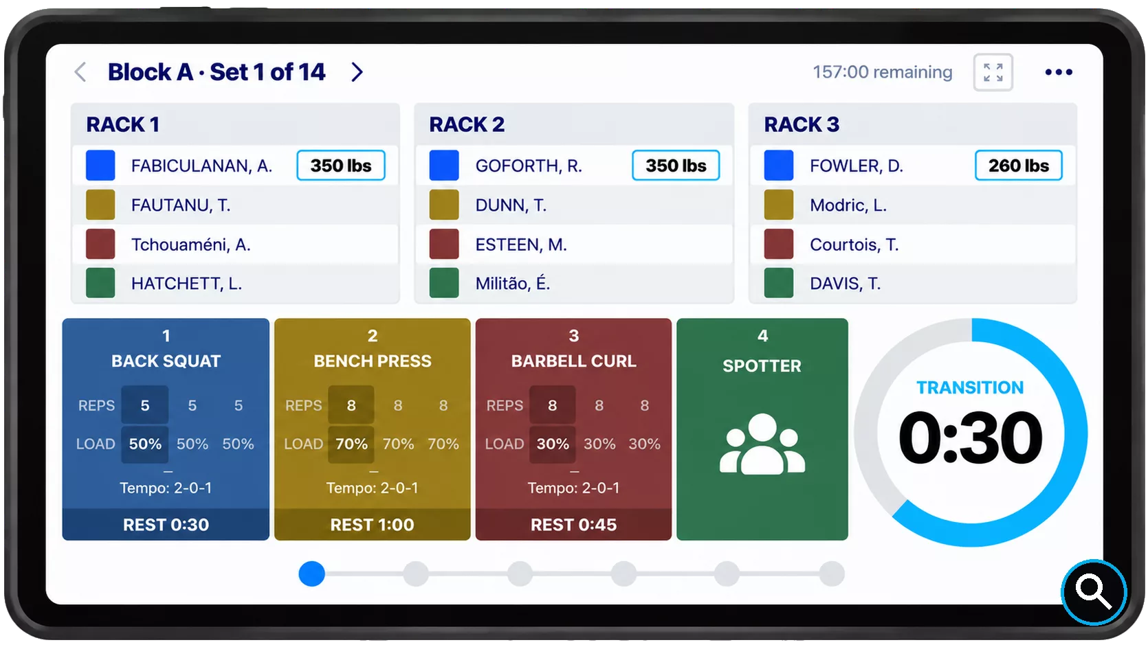 Tablet screen showing a gym interval board: three racks with lifters, four stations (Back Squat, Bench Press, Barbell Curl, Spotter) and a 0:30 transition timer.