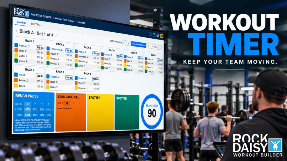 Large gym screen showing a workout timer/dashboard with rack panels and weights, next to lifters in the gym.