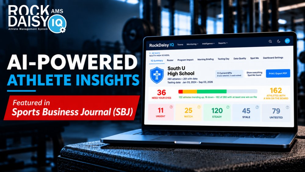 Hero banner for AI-powered athlete insights with RockDaisy IQ branding and a laptop dashboard display in a gym setting.