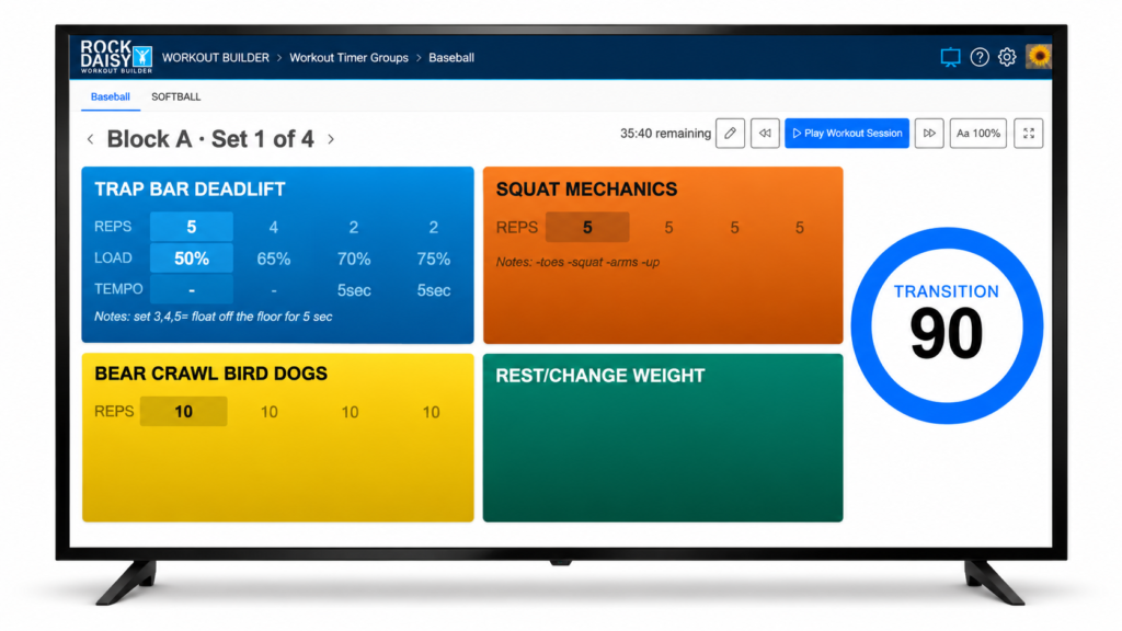 workout-timer-exercise-view - RockDaisy Workout screen showing four colored exercise blocks: trap bar deadlift, squat mechanics, bear crawl/bird dogs, and rest/weight change with a 90 transition timer on the right.