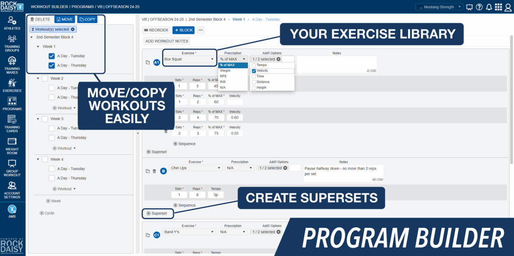 ProgramBuilder_Image - RockDaisy RockDaisy workout builder interface with a left navigation rail and a central workspace for assembling exercise sequences like supersets.