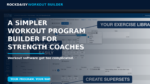 Hero banner for RockDaisy Workout Builder: 'A simpler workout program builder for strength coaches' with dark overlay and blue accents